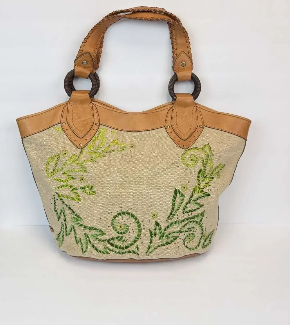 Cole Haan Canvas and Leather Tote with Green Floral Embroidery